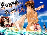  4girls ass bikini black_hair breasts brown_eyes brown_hair cleavage cloud clouds erect_nipples feet_on_shoulders female flower goggles hair_ornament inahime kaihime kunoichi_(sengoku_musou) long_hair looking_back multiple_girls panties panty_pull ponytail sakichi6891 sengoku_musou sengoku_musou_3 sky swimsuit tachibana_ginchiyo underwear water 