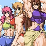  3girls abs breasts christina_sierra extreme_muscles feldt_grace female gundam gundam_00 lowres multiple_girls muscle muscles muscular muscular_female pink_hair ren_(tainca2000) sumeragi_lee_noriega swimsuit 