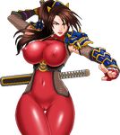  1girl areolae bodysuit breasts brown_hair cameltoe erect_nipples gauntlets hips katana large_breasts latex long_hair lowres ninja pixel_art ponytail shiny shiny_clothes shoulder_pads skin_tight solo soul_calibur soulcalibur_iv spandex sword take taki taki_(soulcalibur) thigh_gap thighs warner weapon wide_hips 