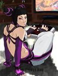  arcade_stick barefoot elbow_gloves feet fingerless_gloves han_juri highres looking_back nailo_polish pink_nails playing_games purple_nails sitting street_fighter street_fighter_iv toes 