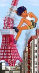  1boy carabiner child climbing giant harness looking_at_viewer outdoors radio_tower short_hair shota smile solo takenokoya tokyo_tower 