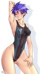  abs arikawa armpit armpits blush breasts cameltoe character_request cleavage erect_nipples female hips muscle muscular nipples one-piece one-piece_swimsuit pose pov shiny short_hair skin_tight solo source_request swimsuit thick_thighs thigh_gap thighs white_background wink 