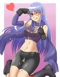  ;p bike_shorts blush boots breasts brown_eyes female fingerless_gloves fishnets gintama glasses gloves goriate gradient gradient_background heart kneeling long_hair midriff natto nattou navel one_eye_closed purple_hair sarutobi_ayame scarf shorts skin-tight skin_tight solo spandex tongue tongue_out wink 