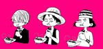  3boys eating food formal hair_over_one_eye hat male male_focus monkey_d_luffy monochrome multiple_boys necktie nozawa_(ability) one_piece open_clothes open_shirt pink_background sabaody_archipelago sanji scar shirt steam straw_hat striped_hat suit takoyaki topless trio usopp vest wristband 