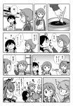  5girls akebono_(kantai_collection) apron chocolate comic commentary_request hand_on_own_face highres ikazuchi_(kantai_collection) kantai_collection kappougi lineart long_hair monochrome multiple_girls oboro_(kantai_collection) otoufu sailor_collar sazanami_(kantai_collection) school_uniform serafuku shelf short_ponytail spoon sweater tasting thumbs_up translation_request twintails upper_body ushio_(kantai_collection) window 