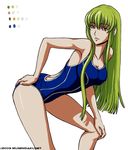  bent_over cc code_geass female green_hair long_hair mugensaku one_piece_swimsuit solo swimsuit yellow_eyes 