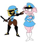  anthro clothed clothing domestic_pig duo female hi_res human mammal mask pink_body police police_baton police_hat police_uniform policewoman rexon02 simple_background suid suina sus_(pig) tanned_skin thick_thighs uniform white_background wide_hips 