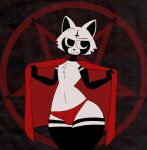  anthro black_body bulge clothing girly hi_res looking_at_viewer male mammal multicolored_body pentagram procyonid raccoon rexon02 robe satanic solo thick_thighs two_tone_body underwear white_body wide_hips 