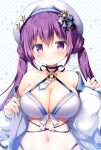  1girl bangs bare_shoulders beret blush breasts cleavage commentary_request gochuumon_wa_usagi_desu_ka? hair_between_eyes hat hat_ornament highres kirara_fantasia large_breasts long_sleeves looking_at_viewer navel off_shoulder open_clothes open_shirt purple_eyes purple_hair sasai_saji simple_background sleeves_past_wrists smile solo star_(symbol) star_hat_ornament straight-on tedeza_rize twintails undressing upper_body 