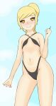  1girl absurdres blonde_hair blush breasts cameltoe highres long_hair mari_gold mole mole_under_eye navel non-web_source orange_eyes original rong_rong sling_bikini_top small_breasts tagme thick_eyebrows 