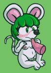  absurd_res animal_crossing anthro big_ears black_nose blush blush_lines bodily_fluids breasts bree_(animal_crossing) cum cum_on_penis female genital_fluids genitals green_eyes green_hair hair hi_res mammal maskedfurry mouse murid murine navel nintendo nipples nude penis pink_nipples pussy rodent simple_background sitting skinny_tail slightly_chubby solo tapering_penis translucent translucent_penis video_games white_body 