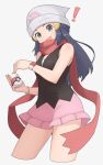  ! 1girl :d beanie black_hair black_shirt bracelet commentary_request dawn_(pokemon) grey_eyes hair_ornament hairclip hat hiyoshipow holding holding_poke_ball jewelry long_hair looking_at_viewer open_mouth pink_skirt poke_ball poke_ball_(basic) poke_ball_print pokemon pokemon_(game) pokemon_dppt poketch red_scarf scarf shirt simple_background skirt sleeveless sleeveless_shirt smile solo watch white_background white_headwear wristwatch 