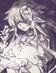  1girl arch_bishop_(ragnarok_online) artist_name bangs closed_eyes commentary cross dated dress greyscale juliet_sleeves leaf lips long_hair long_sleeves monochrome open_mouth palms pointy_ears puffy_sleeves ragnarok_online solo symbol-only_commentary tokio_(okt0w0) upper_body 