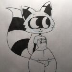  anthro black_body bulge english_text girly hi_res male mammal multicolored_body procyonid raccoon rexon02 simple_background solo text thick_thighs traditional_media_(artwork) two_tone_body white_background white_body wide_hips 