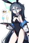  &gt;:) 1girl absurdres animal_ears aris_(blue_archive) black_bow black_bowtie black_hair black_leotard blue_archive blue_eyes bow bowtie covered_navel cup detached_collar drinking_glass hair_between_eyes highres holding holding_tray jacket leotard long_hair off_shoulder oversized_breast_cup playboy_bunny rabbit_ears solo sparkle speech_bubble tray v-shaped_eyebrows very_long_hair wine_glass yanggaengwang 