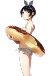  1girl ass bangs bikini black_hair black_hairband black_ribbon blush breasts closed_mouth commentary doughnut doughnut_innertube feet_out_of_frame food food_bite from_side hair_ribbon hairband highres holding holding_innertube innertube kanojo_okarishimasu lips looking_at_viewer looking_back looking_to_the_side medium_breasts miyajima_reiji nail_polish official_art polka_dot polka_dot_bikini polka_dot_hairband ribbon sarashina_ruka short_hair side-tie_bikini_bottom solo sprinkles standing swept_bangs swimsuit unmoving_pattern very_short_hair white_nails yellow_eyes 