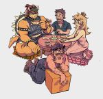  anthro bayboyzone beverage bowser clothed clothing crossed_legs dress female furniture group hat headgear headwear hi_res human kneeling koopa luigi male mammal mario mario_bros nintendo princess_peach reptile scalie shirt table tank_top topwear video_games 