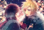  1boy 1girl bangs black_gloves black_hair blonde_hair blue_eyes blurry blurry_background breath christmas christmas_lights christmas_ornaments christmas_present christmas_tree cloud_strife coat couple earrings final_fantasy final_fantasy_vii gift gloves holding holding_gift jewelry long_hair looking_at_another minato_(ct_777) open_mouth outdoors red_eyes red_scarf scarf snow snowing spiked_hair sweater tifa_lockhart turtleneck turtleneck_sweater winter_clothes winter_coat 