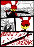  absurd_res ambiguous_gender anthro clothed clothing comic crowd demon dialogue english_text female group hi_res humor lagomorph leporid male mammal melee_weapon pentagram rabbit red_body rexon02 simple_background speech_bubble sword text weapon white_background yellow_eyes 
