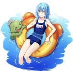  1boy 1other abbbikun androgynous bangs bare_shoulders blue_hair bone character_name collarbone commentary food genderswap goblin hair_between_eyes highres innertube long_hair looking_at_viewer partially_submerged popsicle rimuru_tempest school_swimsuit smile swimsuit tensei_shitara_slime_datta_ken thighs tongue tongue_out translated water wet yellow_eyes 