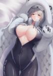  1girl ass_visible_through_thighs black_bodysuit bodysuit breasts clothes_writing commentary goddess_of_victory:_nikke grey_hair half-closed_eyes hands_up headphones headphones_around_neck highres hood hood_up long_sleeves looking_at_viewer lying mask mask_on_head mole mole_on_breast mole_under_mouth neve_(nikke) no_bra on_back open_bodysuit parted_lips partially_unzipped shiny shiny_hair sleep_mask sleeves_past_wrists slit_pupils solo suzuya_(maru) symbol-only_commentary thick_eyebrows thigh_gap zipper_pull_tab 
