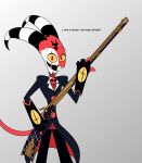  absurd_res blitzo_(helluva_boss) clothing demon dialogue gun helluva_boss hi_res horn humanoid imp looking_at_viewer male musket open_mouth ranged_weapon reaper2545 red_body red_eyes red_skin red_tail rifle smile solo striped_horn stripes suit teeth weapon yellow_sclera 