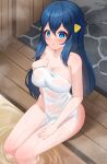  1girl absurdres blue_eyes blue_hair bluerabbit_gap blush breasts collarbone dawn_(pokemon) hair_between_eyes hair_ornament hairclip highres large_breasts long_hair naked_towel pokemon pokemon_(game) pokemon_dppt sidelocks sitting soaking_feet solo towel wet wooden_floor 