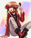  1boy bangs black_shirt brown_eyes brown_hair card duel_academy_uniform_(yu-gi-oh!_gx) feet_out_of_frame hair_between_eyes highres holding holding_card jacket long_sleeves male_focus multicolored_hair one_eye_closed red_jacket shirt short_hair sidelocks sitting sk816 smile solo two-tone_hair yu-gi-oh! yu-gi-oh!_gx yuuki_juudai 