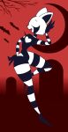  absurd_res anthro black_body eyes_closed halloween hi_res holidays male mammal multicolored_body open_mouth pose procyonid raccoon red_background rexon02 sharp_teeth simple_background small_waist solo teeth two_tone_body white_body wide_hips 