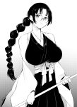  1girl absurdres bare_shoulders bleach bleach:_the_thousand-year_blood_war braid braided_ponytail breasts glasses greyscale highres himwi holding japanese_clothes katori_batsuunsai large_breasts long_braid long_hair looking_at_viewer monochrome single_braid solo 