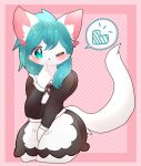  &lt;3 ambiguous_gender anthro blue_eyes blue_hair clothing felid finger_to_mouth hair hi_res long_tail maid_uniform mammal okazu one_eye_closed pattern_background simple_background solo uniform wink 