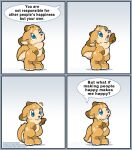  2022 ambiguous_gender anthro blue_background blue_eyes brown_body brown_fur canid chibi comic dialogue english_text fur gesture mammal nude o-kemono open_mouth pointing pointing_up simple_background solo tan_body tan_fur text url 