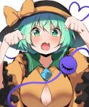  1girl absurdres black_headwear blouse blush bow breasts bursting_breasts cleavage collarbone fang frilled_shirt_collar frilled_sleeves frills gao green_eyes green_hair hands_up hat hat_bow hat_ribbon heart heart_of_string highres huge_breasts komeiji_koishi long_sleeves looking_at_viewer open_mouth paw_pose retoruto ribbon shirt simple_background skin_fang sleeves_past_elbows third_eye touhou v-shaped_eyebrows white_background wide_sleeves yellow_shirt 