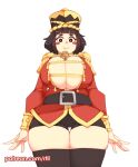  black_eyes black_hair black_shorts black_thighhighs blush_stickers breasts bright_pupils christmas cleavage closed_mouth cowboy_shot epaulettes hat huge_breasts long_sleeves looking_at_viewer nutcracker original patreon_username personification rtil short_hair shorts smile thick_thighs thighhighs thighs walnut white_pupils 