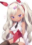  1girl animal_ears archerfish_(azur_lane) azur_lane bangs bare_shoulders black_necktie black_thighhighs blue_eyes dark-skinned_female dark_skin fake_animal_ears heart highres jacket kokone_(coconeeeco) leotard long_hair looking_at_viewer necktie open_mouth playboy_bunny rabbit_ears red_leotard simple_background sitting smile tan tanlines thighhighs white_background white_hair 