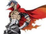  1boy absurdres bandages belt blue_hair cape commentary_request hands_in_pockets highres kamina_(ttgl) kamina_shades male_focus manly midriff_sarashi photoshop_(medium) sarashi solo tattoo tengen_toppa_gurren_lagann topless_male triangular_eyewear yanushi 