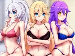  bedroom belly bianka_durandal_ataegina bianka_durandal_ataegina_(valkyrie_gloria) black_bra black_panties blinds blonde_hair blue_bra blue_eyes blue_panties blurry blurry_background blush bra breast_hold breasts closed_mouth diamond-shaped_pupils diamond_(shape) embarrassed honkai_(series) honkai_impact_3rd kiana_kaslana kiana_kaslana_(herrscher_of_flamescion) large_breasts long_hair medium_breasts navel panties pink_bra pink_panties ponytail purple_hair siblings sirin sisters sitting_on_bed slash-ex symbol-shaped_pupils underwear very_long_hair white_hair yellow_eyes 