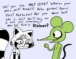  anthro black_body dialogue duo english_text green_body hi_res humor male mammal mouse multicolored_body murid murine procyonid raccoon rex_raccoon_(rexon02) rexon02 rodent simple_background text tired tired_eyes two_tone_body white_body 