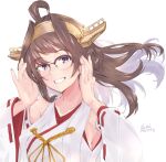  1girl ahoge alakoala bangs blush breasts brown_hair commentary_request dated detached_sleeves double_bun glasses grin hair_bun headgear japanese_clothes kantai_collection kongou_(kancolle) large_breasts long_hair looking_at_viewer nontraditional_miko purple-framed_eyewear ribbon-trimmed_sleeves ribbon_trim signature smile solo upper_body white_background wide_sleeves 