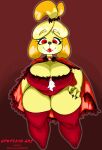  accessory animal_crossing anthro atotekio big_breasts breasts canid canine canis cape cleavage clothed clothing domestic_dog eyebrows fangs female floppy_ears fur hair hair_accessory hair_tie halloween hand_on_hip hi_res holidays huge_breasts isabelle_(animal_crossing) legwear mammal nintendo red_eyes shih_tzu short_stack smile solo stockings thick_thighs thigh_highs toy_dog translucent translucent_hair vampire_costume video_games wide_hips yellow_body yellow_fur 