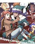  1boy 2girls arm_support blue_eyes boots christmas dark-skinned_female dark-skinned_male dark_skin eiscue eiscue_(ice) facial_hair gift gloves green_headwear leon_(holiday_2021)_(pokemon) leon_(pokemon) multicolored_hair multiple_girls nessa_(holiday_2021)_(pokemon) nessa_(pokemon) official_alternate_costume one_eye_closed pokemon pokemon_(creature) pokemon_(game) pokemon_masters_ex pokemon_swsh side_ponytail sled smile sonia_(pokemon) tongue tongue_out two-tone_hair yamper yellow_eyes yuden_33 