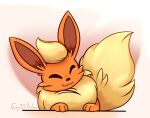  ambiguous_gender colored eeveelution eyes_closed fairylove777 feral flareon generation_1_pokemon happy head_tilt hi_res nintendo pokemon pokemon_(species) resting_arm shaded simple_background smile solo video_games watermark white_background 
