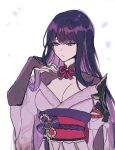  1girl 5rwpvc absurdres breasts bridal_gauntlets cleavage commentary genshin_impact highres japanese_clothes kimono large_breasts long_hair obi purple_eyes purple_hair purple_kimono raiden_shogun red_tassel sash shoulder_guard solo symbol-only_commentary tassel 