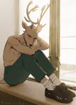  anthro antlers beastars bottomwear brown_body brown_fur clothed clothing deer footwear fur hi_res horn louis_(beastars) male mammal pants partially_clothed shirtless shoes sitting socks solo tsupunya window window_sill 