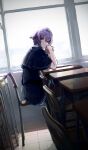  1girl capelet chair classroom desk highres indoors iotsuki necktie on_desk otonashi_ayana purple_hair school_chair school_desk school_uniform short_hair sitting smile solo tsui_no_sora 