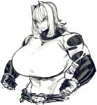  1girl belt breasts clenched_hands clenched_teeth gloves greyscale huge_breasts jewelry monochrome muscular muscular_female necklace original serious sketch solo spacezin teeth torn_clothes upper_body zoe_(spacezin) 