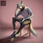  1:1 anthro beastars canid canine canis chair clothing furniture hi_res legoshi_(beastars) male mammal on_chair phone simple_background sitting sitting_on_chair solo wolf 