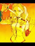  1girl blonde_hair braid breasts chachigua crown_braid flower furrowed_brow holding kiryuu_nanami limited_palette long_hair long_sleeves looking_at_viewer medium_breasts rose shoujo_kakumei_utena solo standing sword weapon yellow_background 