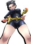  1girl absurdres black_bodysuit black_hair bodysuit cape covered_nipples dragon_tamer_(pokemon) gloves gold_belt gold_gloves grin highres holding holding_poke_ball ka_ei_volltis poke_ball poke_ball_(basic) pokemon pokemon_(game) pokemon_sv ponytail single_hair_intake smile yellow_eyes 