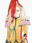  1girl aiguillette blonde_hair blue_eyes braid breast_pocket buttons chachigua crown_braid highres holding jacket kiryuu_nanami long_sleeves one_eye_covered parted_lips pocket red_hair school_uniform shoujo_kakumei_utena simple_background solo standing yellow_jacket 